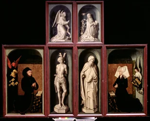 Das Jüngste Gericht, geschlossen, Darstellung der Stifter Kanzler Nicholas Rolin und seine Frau Guigone de Salins, Die Verkündigung, St. Sebastian und St. Antonius der Große, ca. 1445-50
